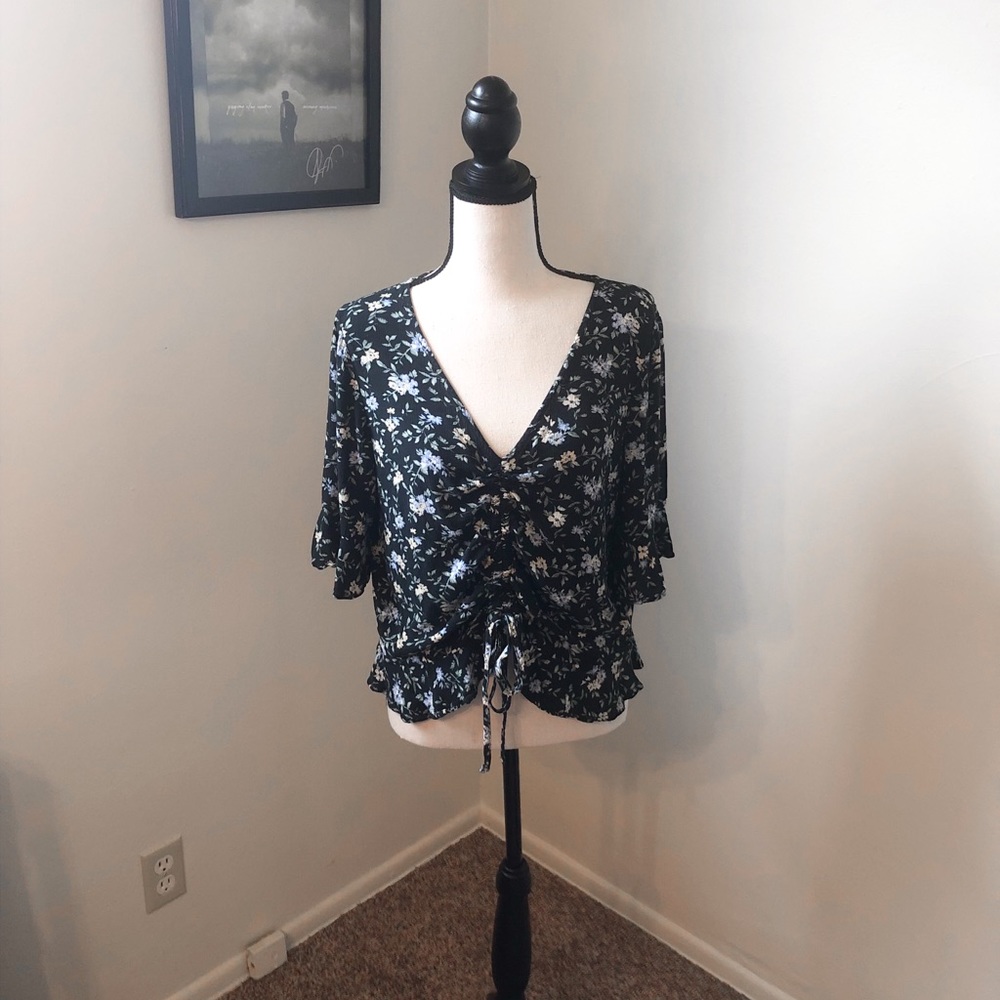 American Eagle Black Floral Blouse, Tie Front (M)